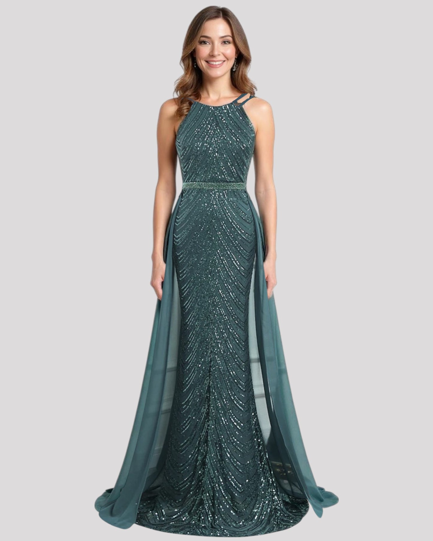 High Neck Sequin Mermaid Dress with detachable Overlay Skirt available in 6 colours