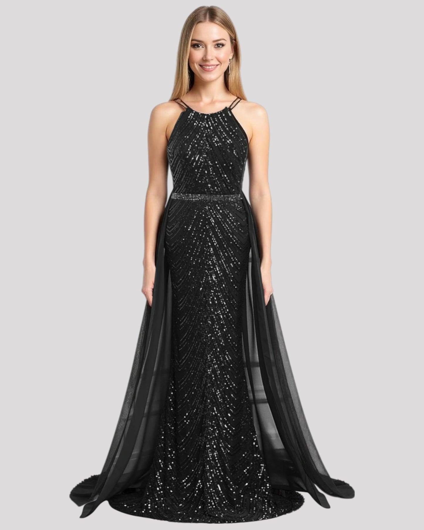 High Neck Sequin Mermaid Dress with detachable Overlay Skirt available in 6 colours
