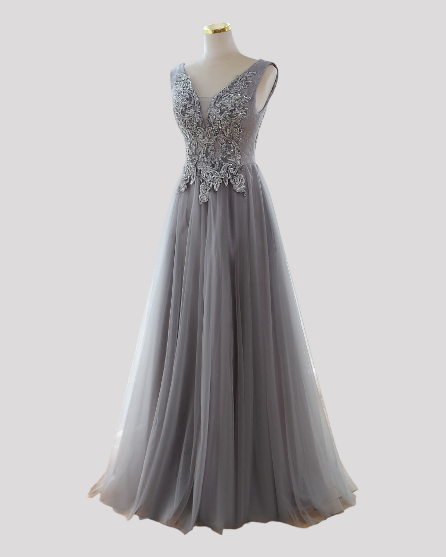 Elegant Silvery Grey Ball Dress with silver lace detailed bodice and Corset Lace up Back