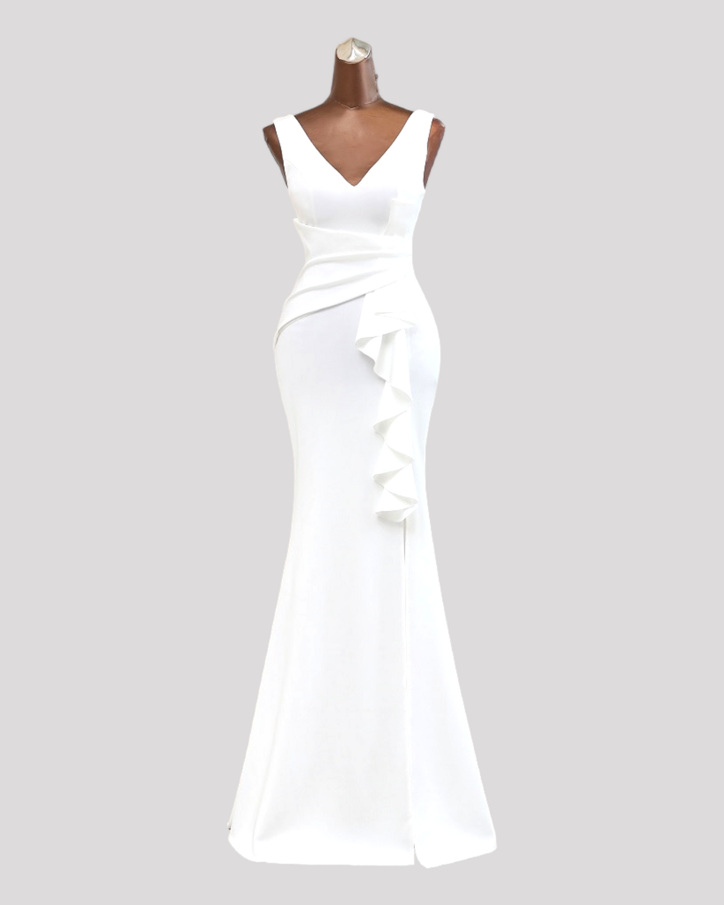 Gorgeous Pleated Bodice Evening Dress with Ruffle over Leg Split with a VNeckline Front and Back