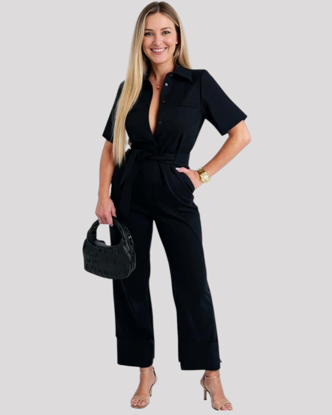 Jumpsuit with Shirt style Blouse with Collar and Short Sleeves, Available in 4 Colours