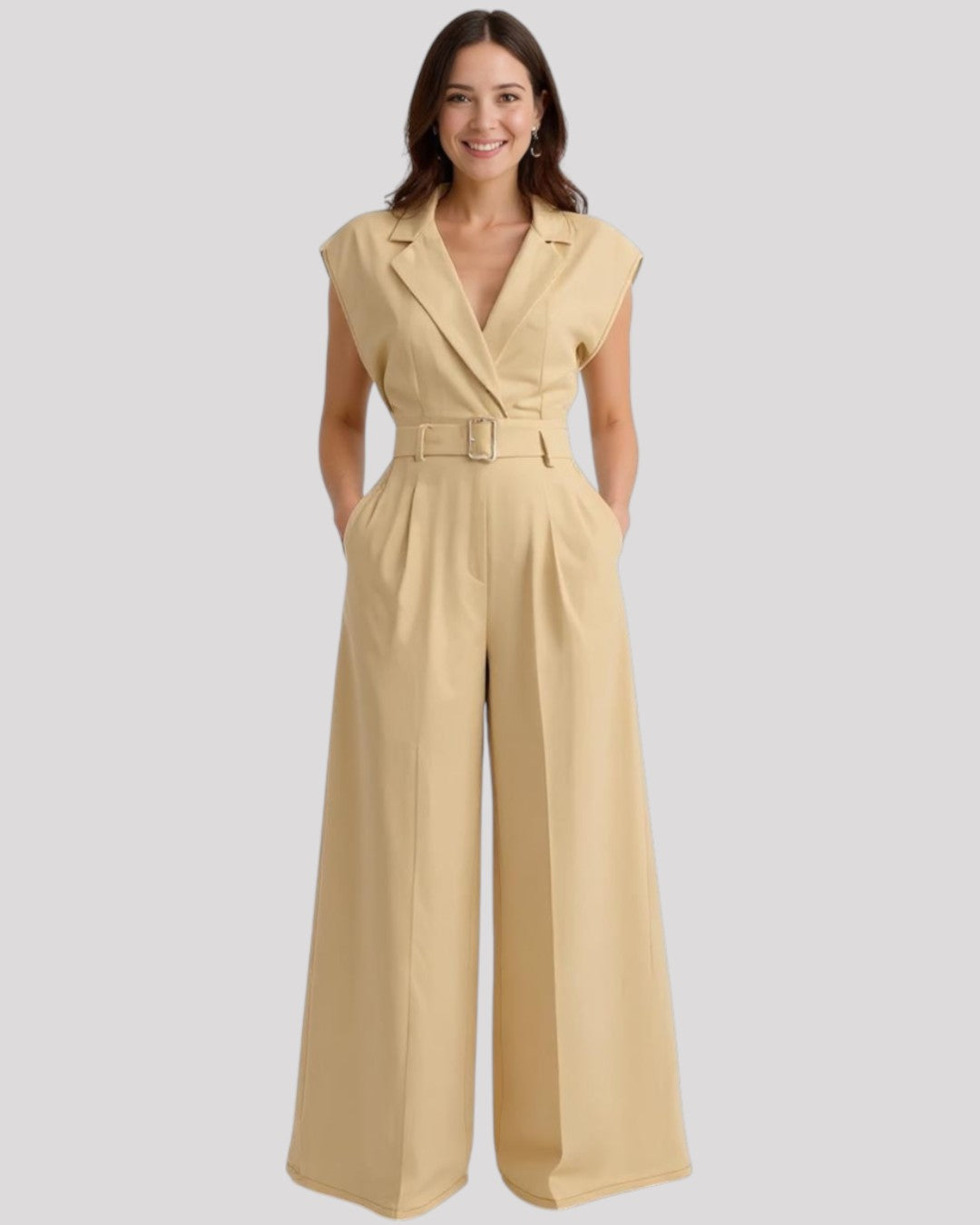 Sleeveless Jumpsuit with Shirt Style Collar and Lapel with Wide Shoulder, available in 3 Colours