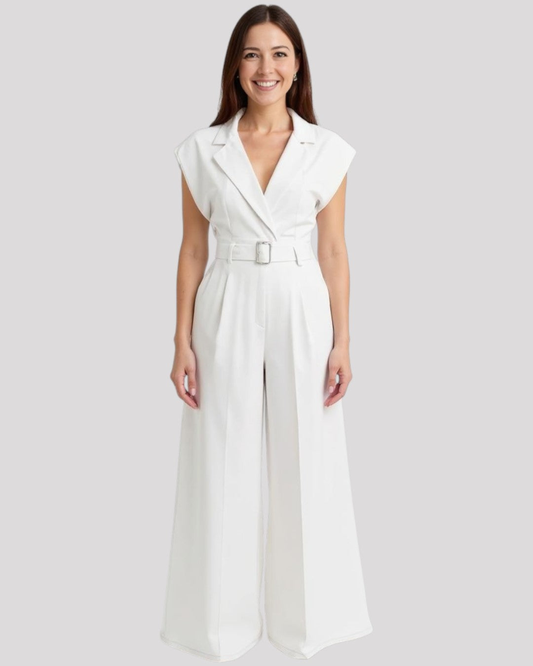 Sleeveless Jumpsuit with Shirt Style Collar and Lapel with Wide Shoulder, available in 3 Colours