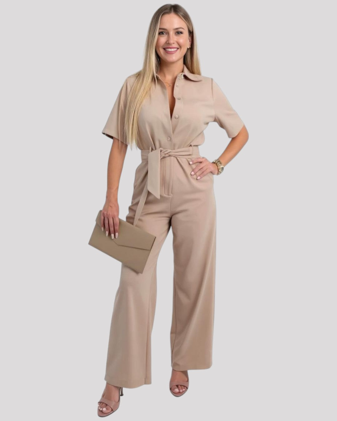 Jumpsuit with Shirt style Blouse with Collar and Short Sleeves, Available in 4 Colours