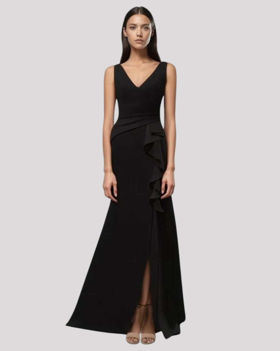 Gorgeous Pleated Bodice Evening Dress with Ruffle over Leg Split with a VNeckline Front and Back