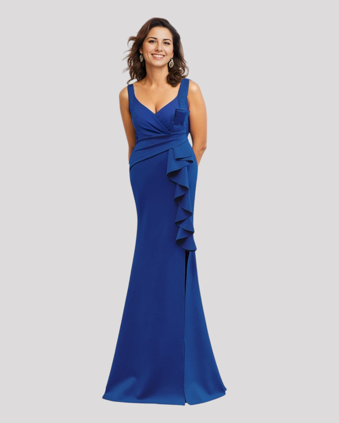 Gorgeous Pleated Bodice Evening Dress with Ruffle over Leg Split with a VNeckline Front and Back