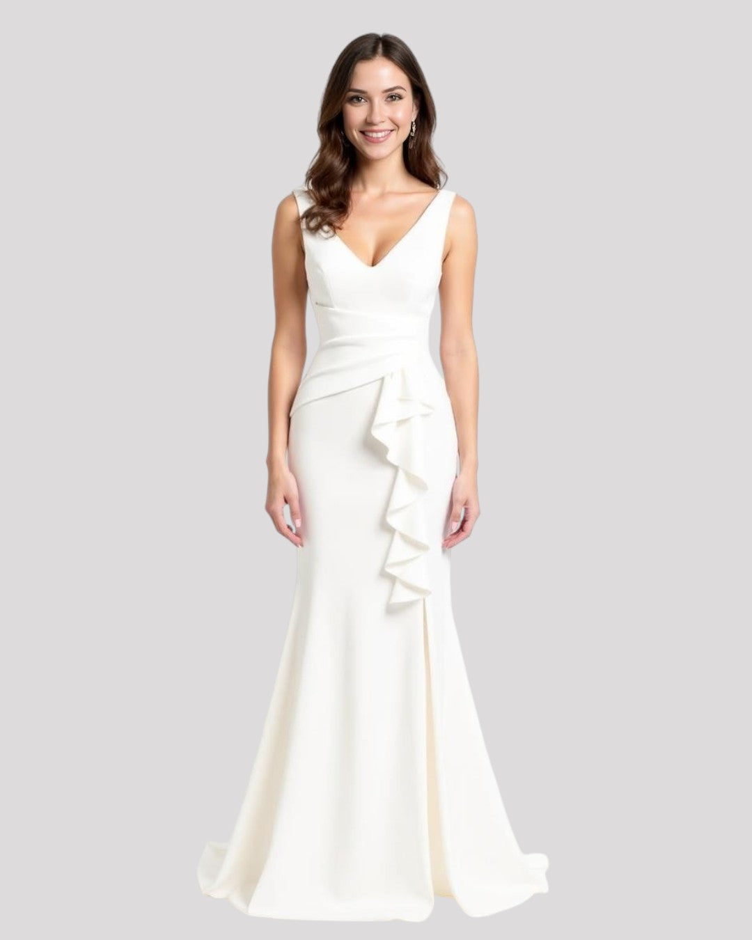 Gorgeous Pleated Bodice Evening Dress with Ruffle over Leg Split with a VNeckline Front and Back