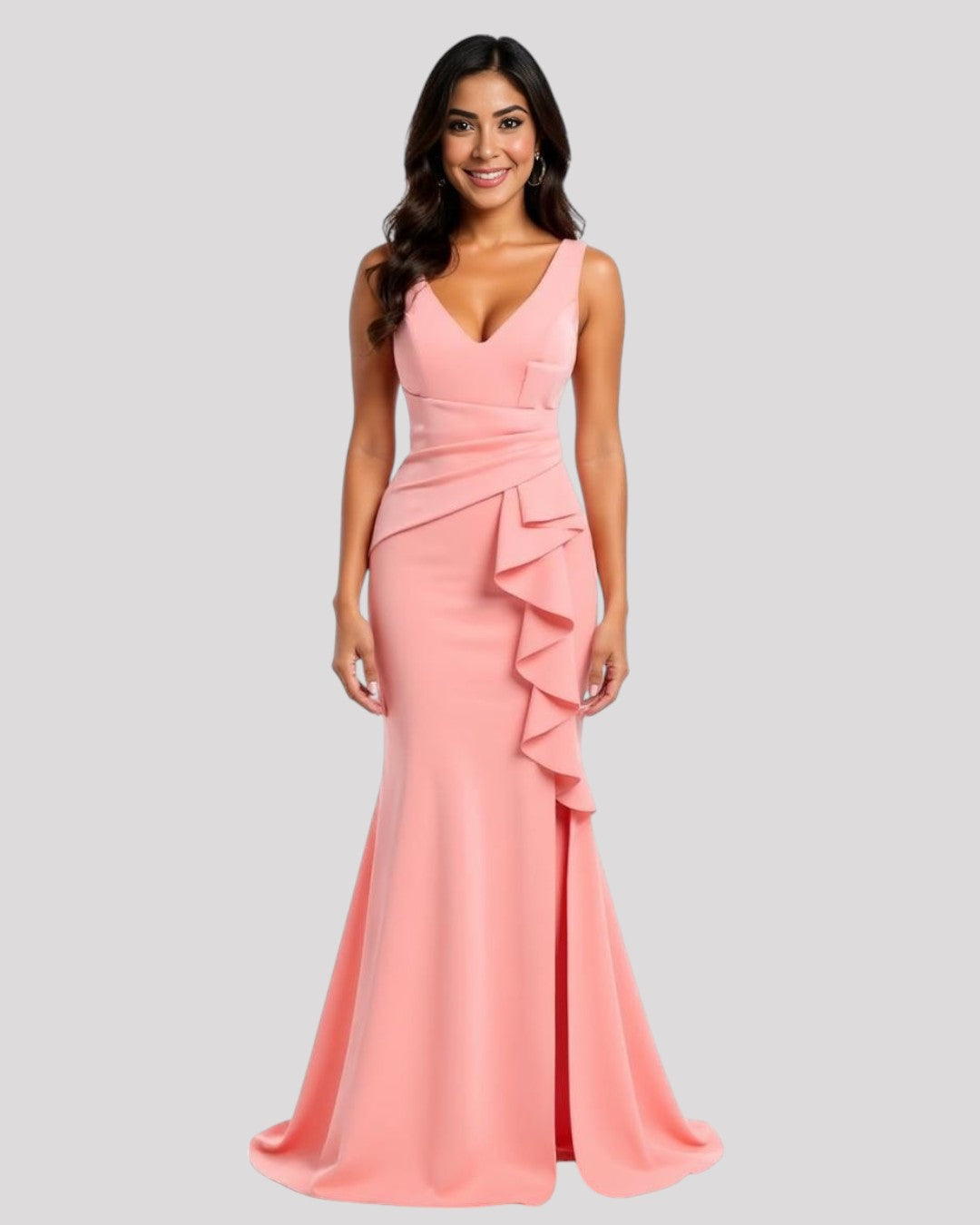 Gorgeous Pleated Bodice Evening Dress with Ruffle over Leg Split with a VNeckline Front and Back