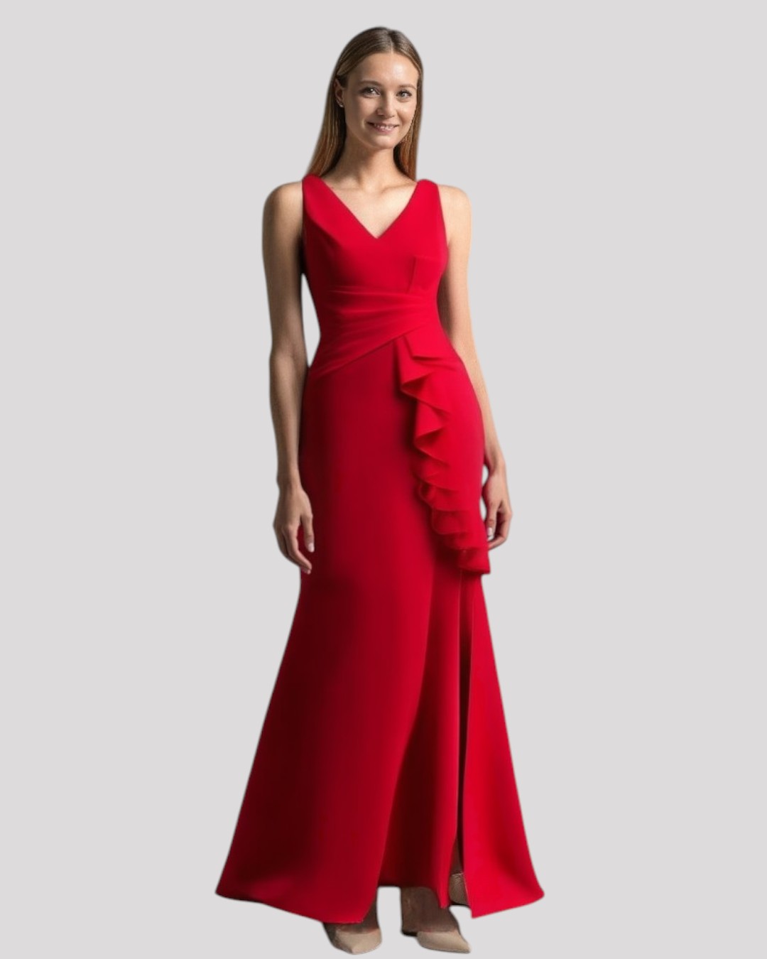 Gorgeous Pleated Bodice Evening Dress with Ruffle over Leg Split with a VNeckline Front and Back