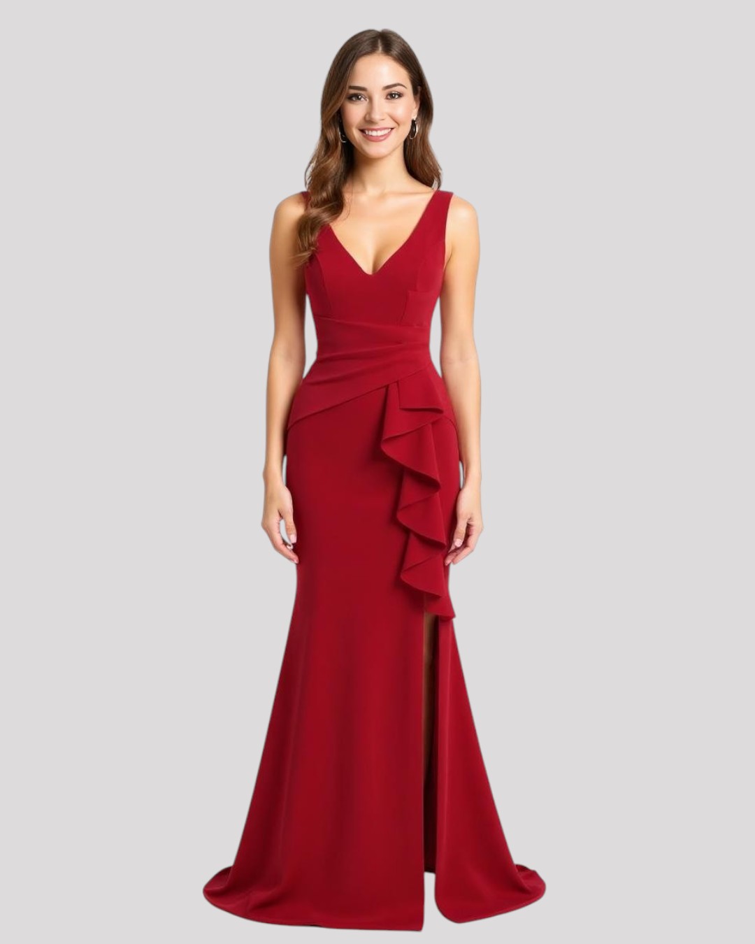 Gorgeous Pleated Bodice Evening Dress with Ruffle over Leg Split with a VNeckline Front and Back
