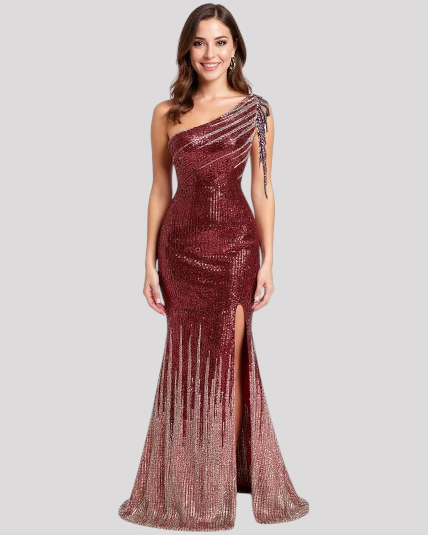 One Shoulder Evening Dress in a 2 Tone Sequin Fabric with Shoulder Beading Draping, Available in 6 colours