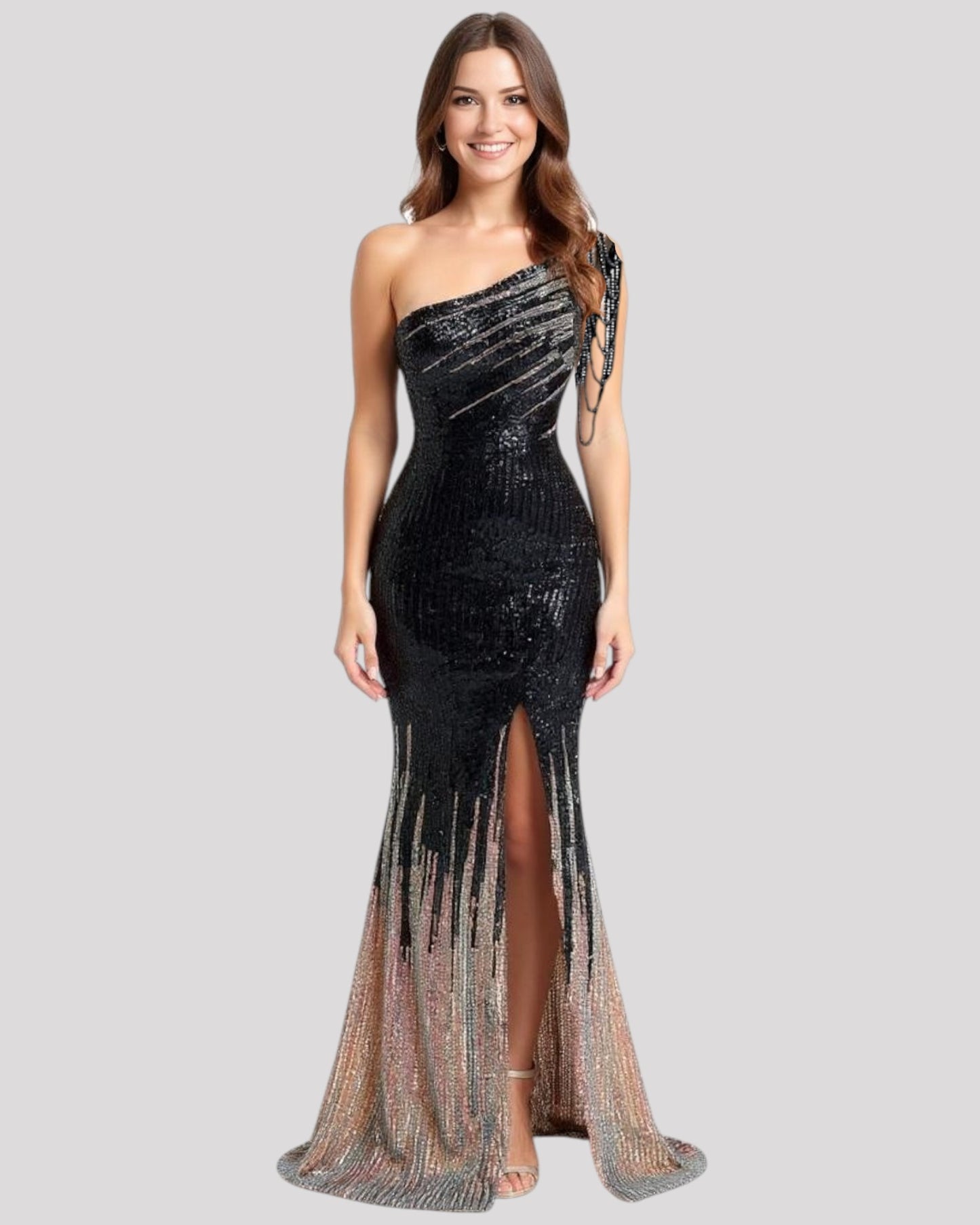 One Shoulder Evening Dress in a 2 Tone Sequin Fabric with Shoulder Beading Draping, Available in 6 colours