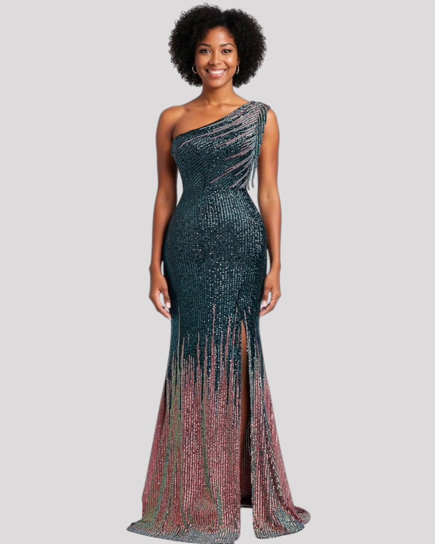 One Shoulder Evening Dress in a 2 Tone Sequin Fabric with Shoulder Beading Draping, Available in 6 colours