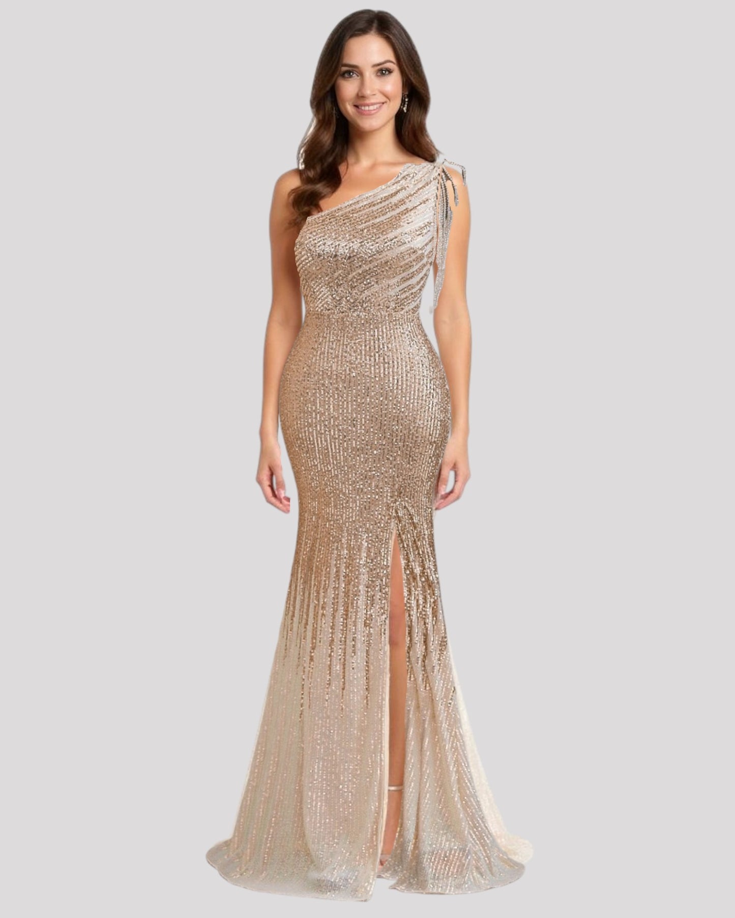 One Shoulder Evening Dress in a 2 Tone Sequin Fabric with Shoulder Beading Draping, Available in 6 colours