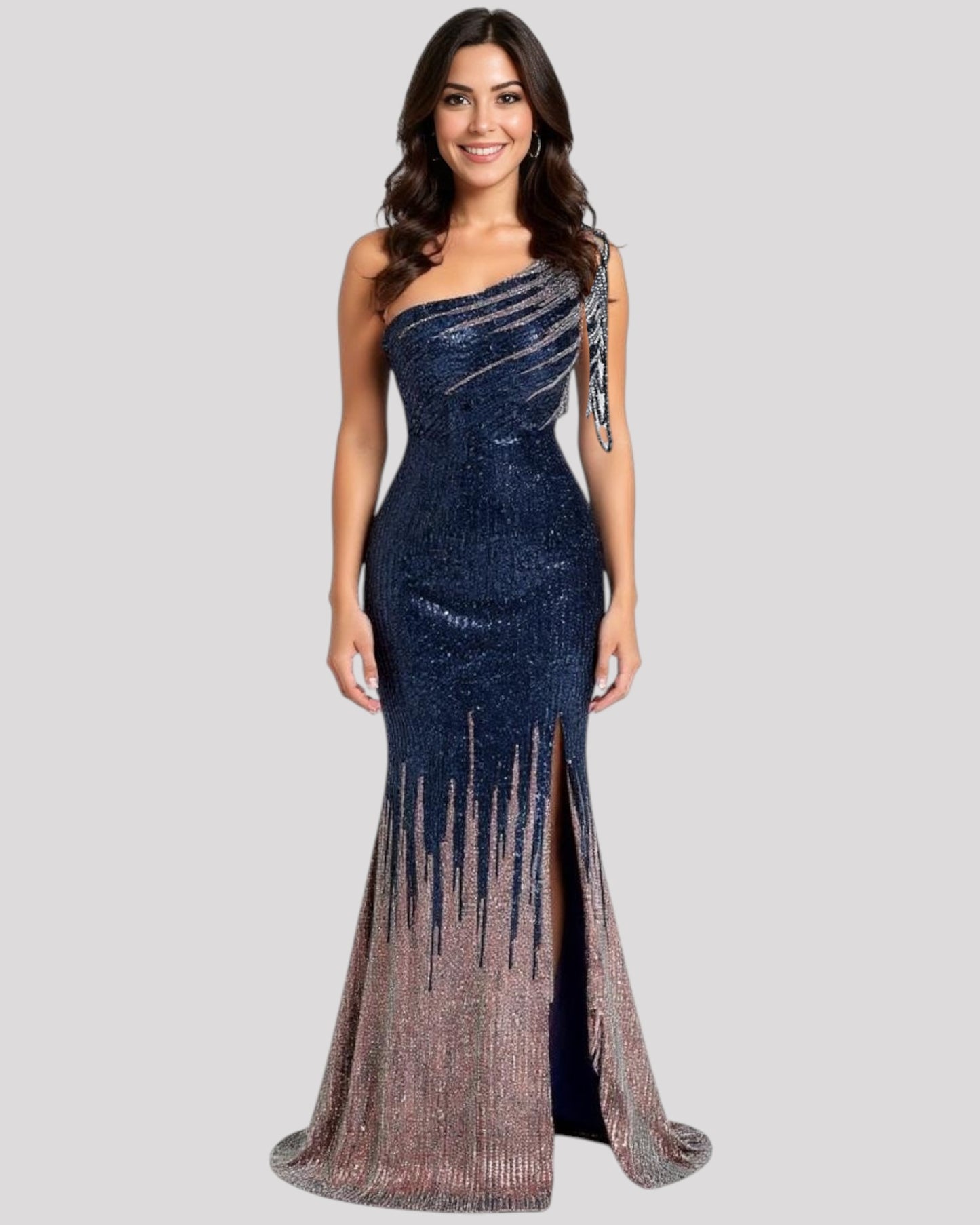 One Shoulder Evening Dress in a 2 Tone Sequin Fabric with Shoulder Beading Draping, Available in 6 colours