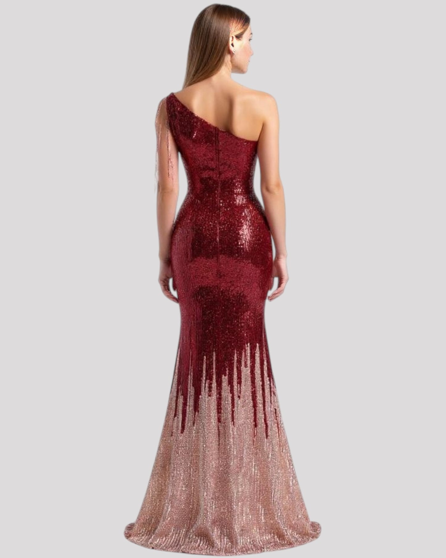 One Shoulder Evening Dress in a 2 Tone Sequin Fabric with Shoulder Beading Draping, Available in 6 colours