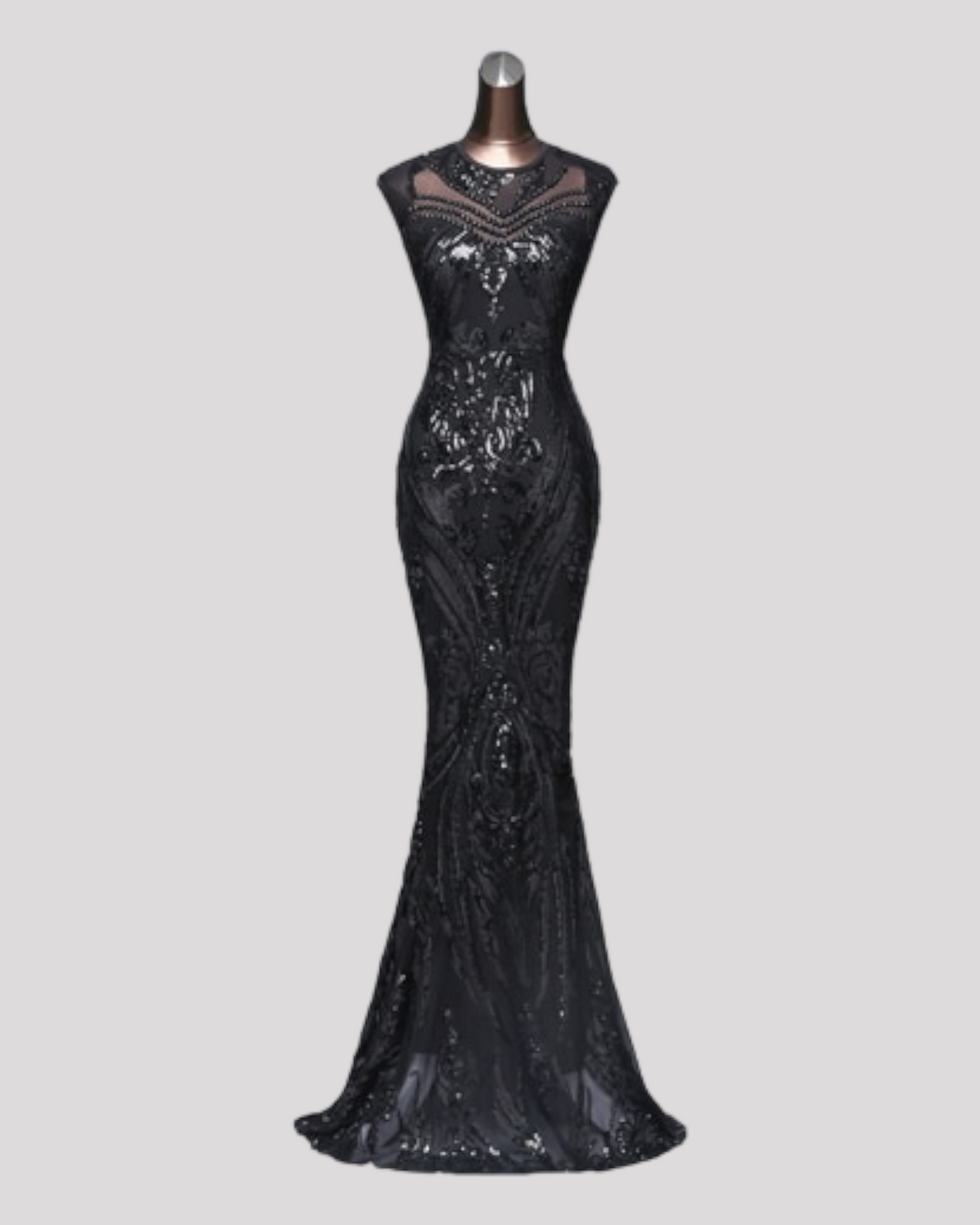 Beautiful Sequin Mermaid Style Evening Dress with high Neck and Cut out Back Feature