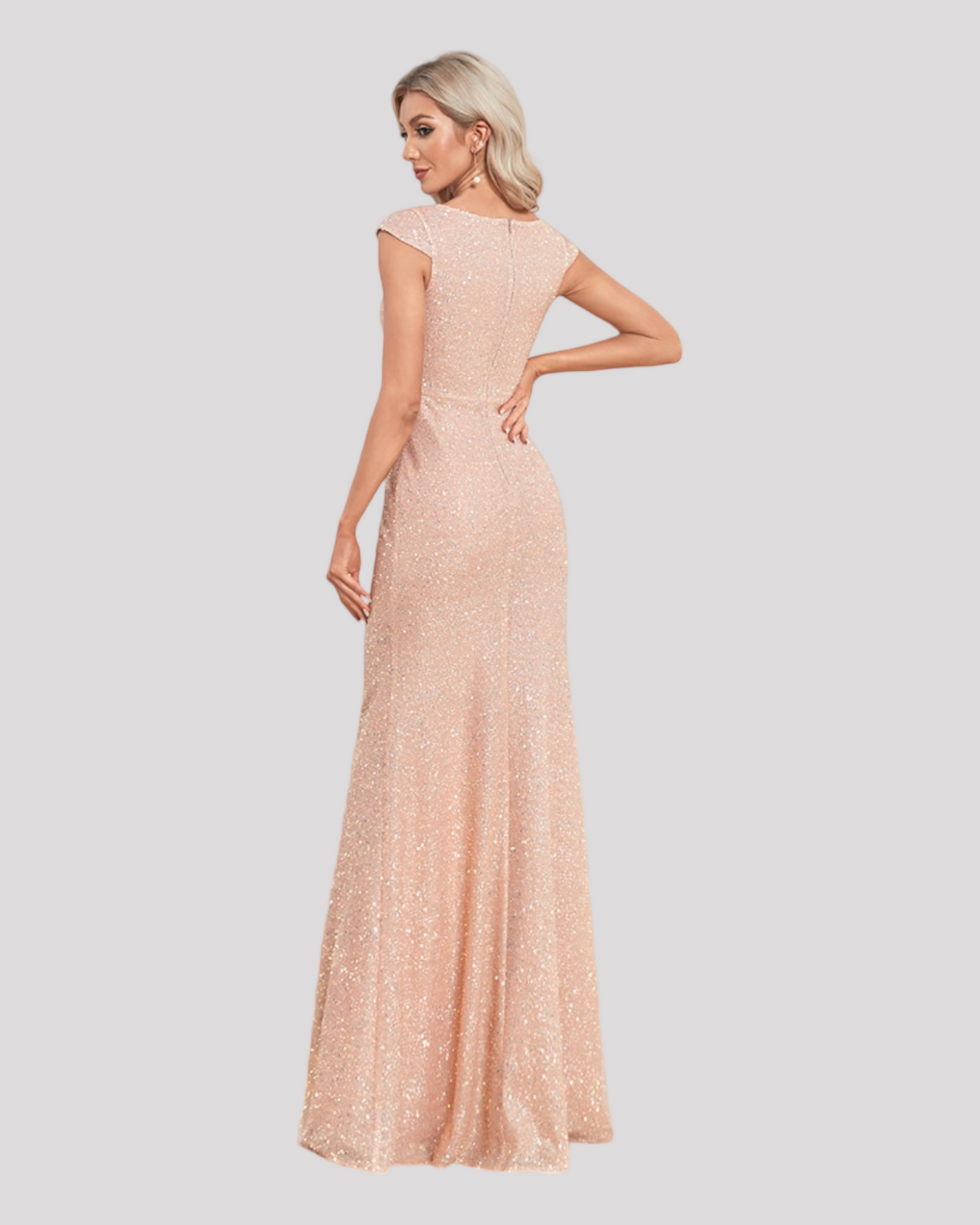 Champagne Pink Mermaid Sparkle Dress with V Neckline, Capped Sleeve and Beautiful pleating with Leg Split