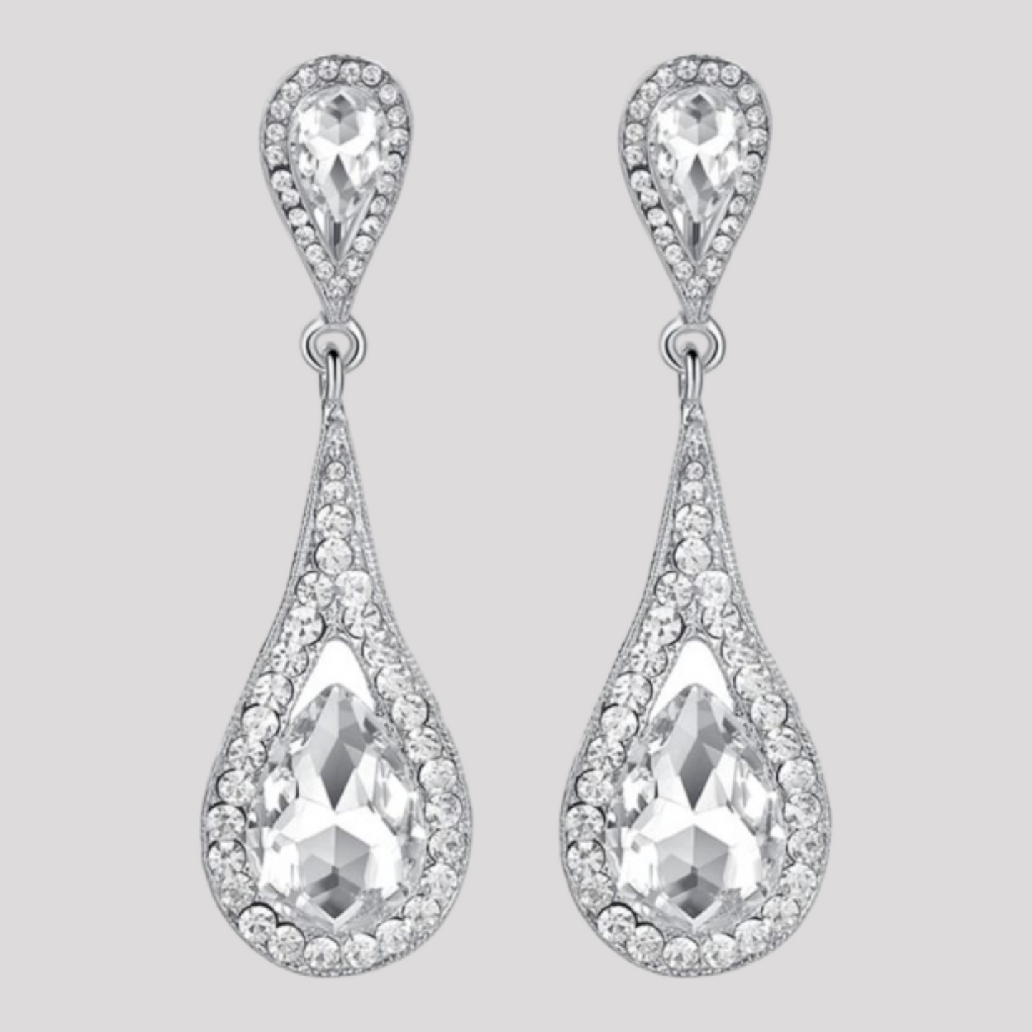 Tear Drop Silver Crystal Stud Earrings