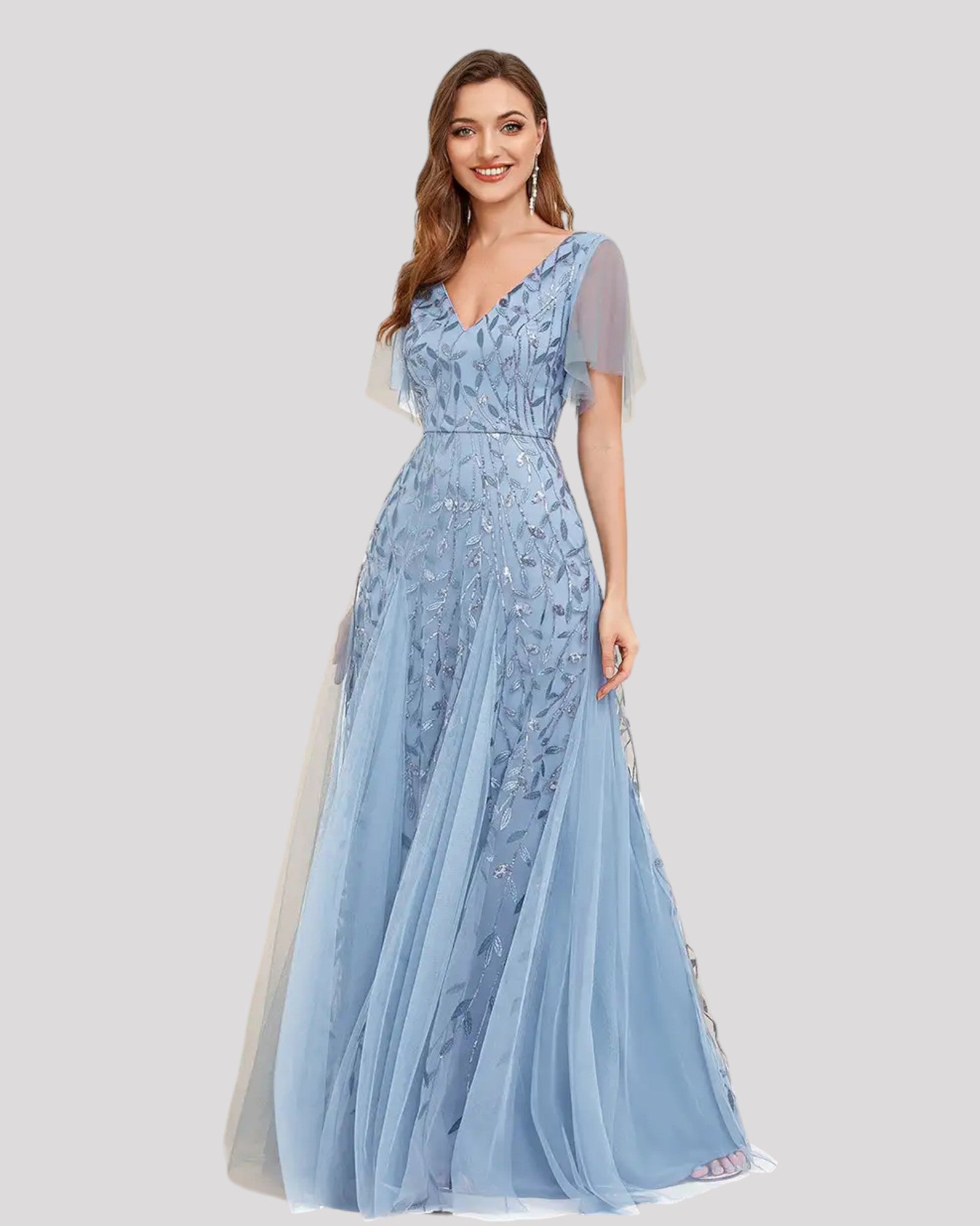 Elegant Sequin Detailed Evening Dress with Floating Sleeves and Floati