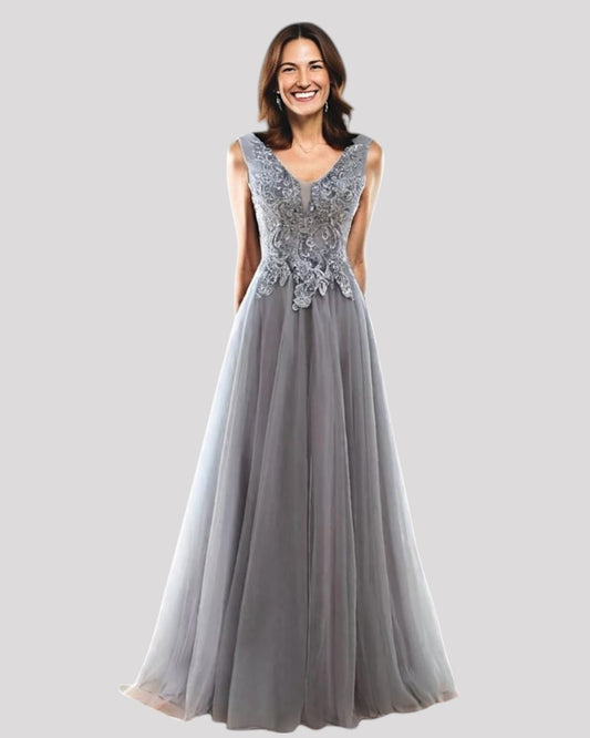 Elegant Silvery Grey Ball Dress with silver lace detailed bodice and Corset Lace up Back