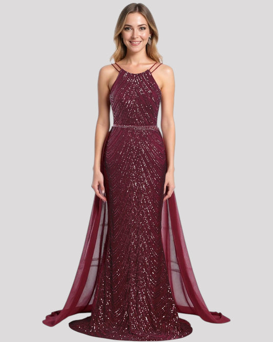 High Neck Sequin Mermaid Dress with detachable Overlay Skirt available in 6 colours