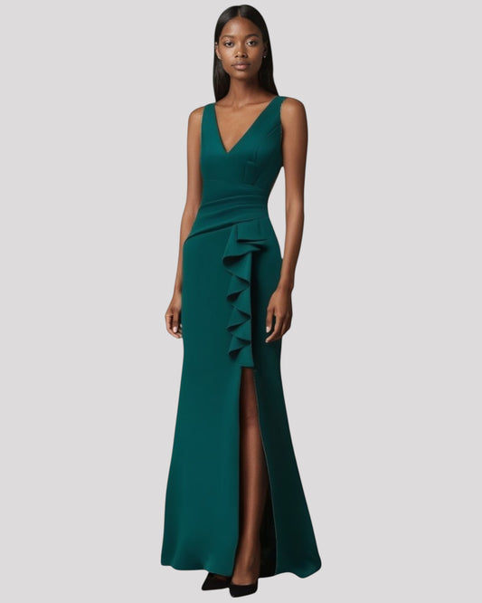Gorgeous Pleated Bodice Evening Dress with Ruffle over Leg Split with a VNeckline Front and Back