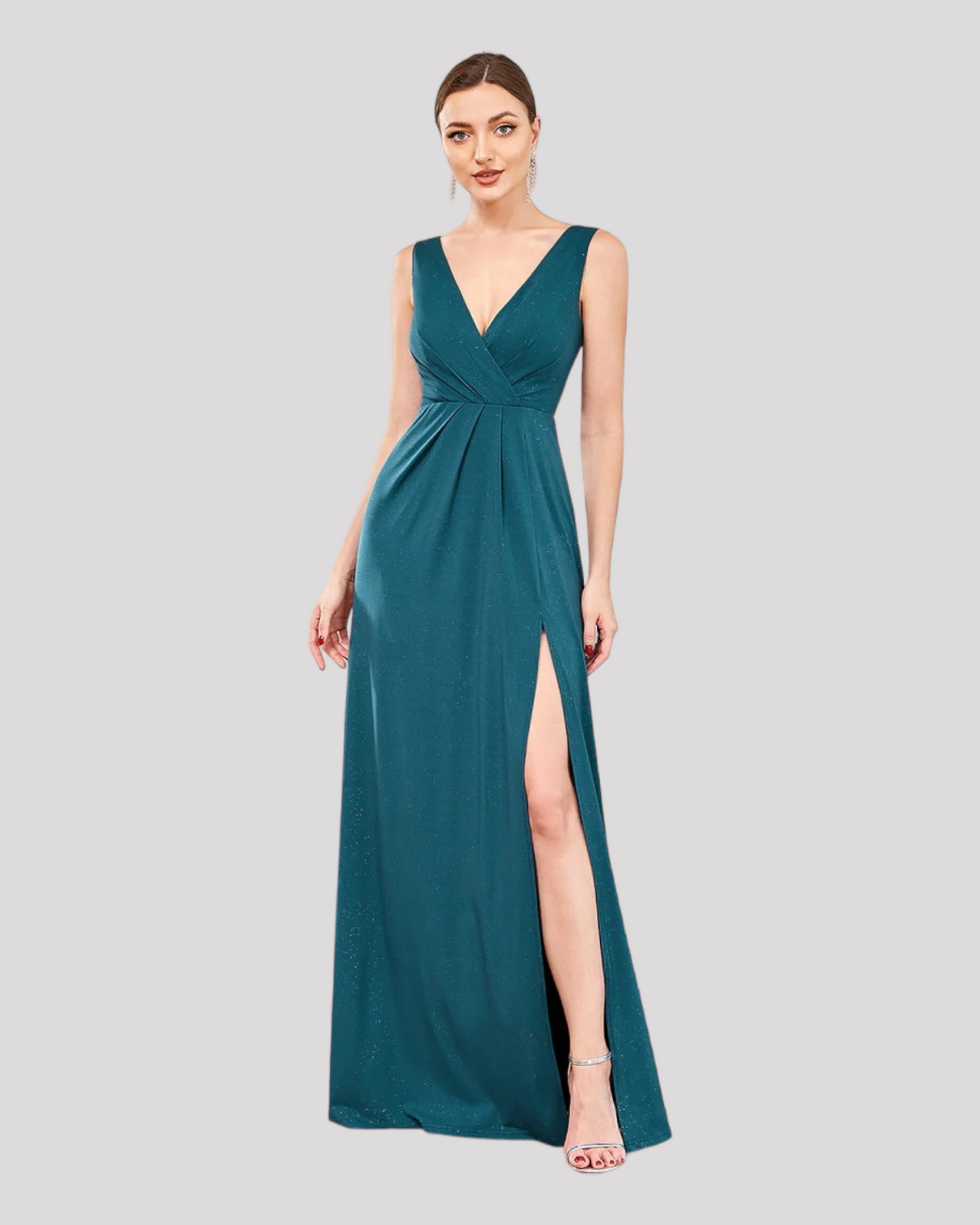 VNeck Elegant Evening Dress with Split and pleated Bodice