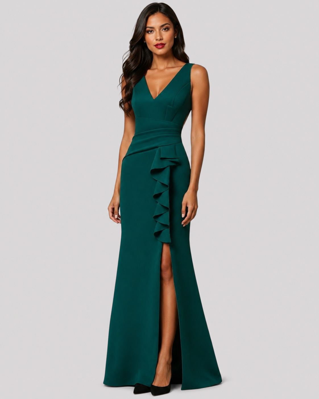 Gorgeous Pleated Bodice Evening Dress with Ruffle over Leg Split with a VNeckline Front and Back