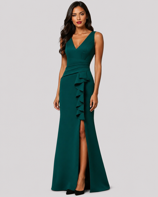 Gorgeous Pleated Bodice Evening Dress with Ruffle over Leg Split with a VNeckline Front and Back