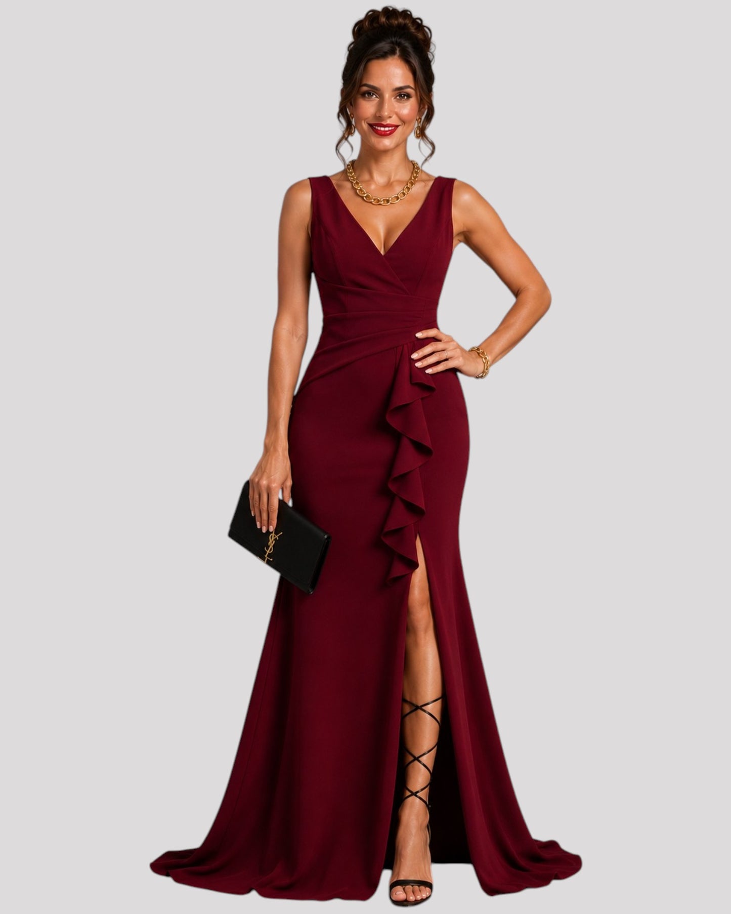Gorgeous Pleated Bodice Evening Dress with Ruffle over Leg Split with a VNeckline Front and Back