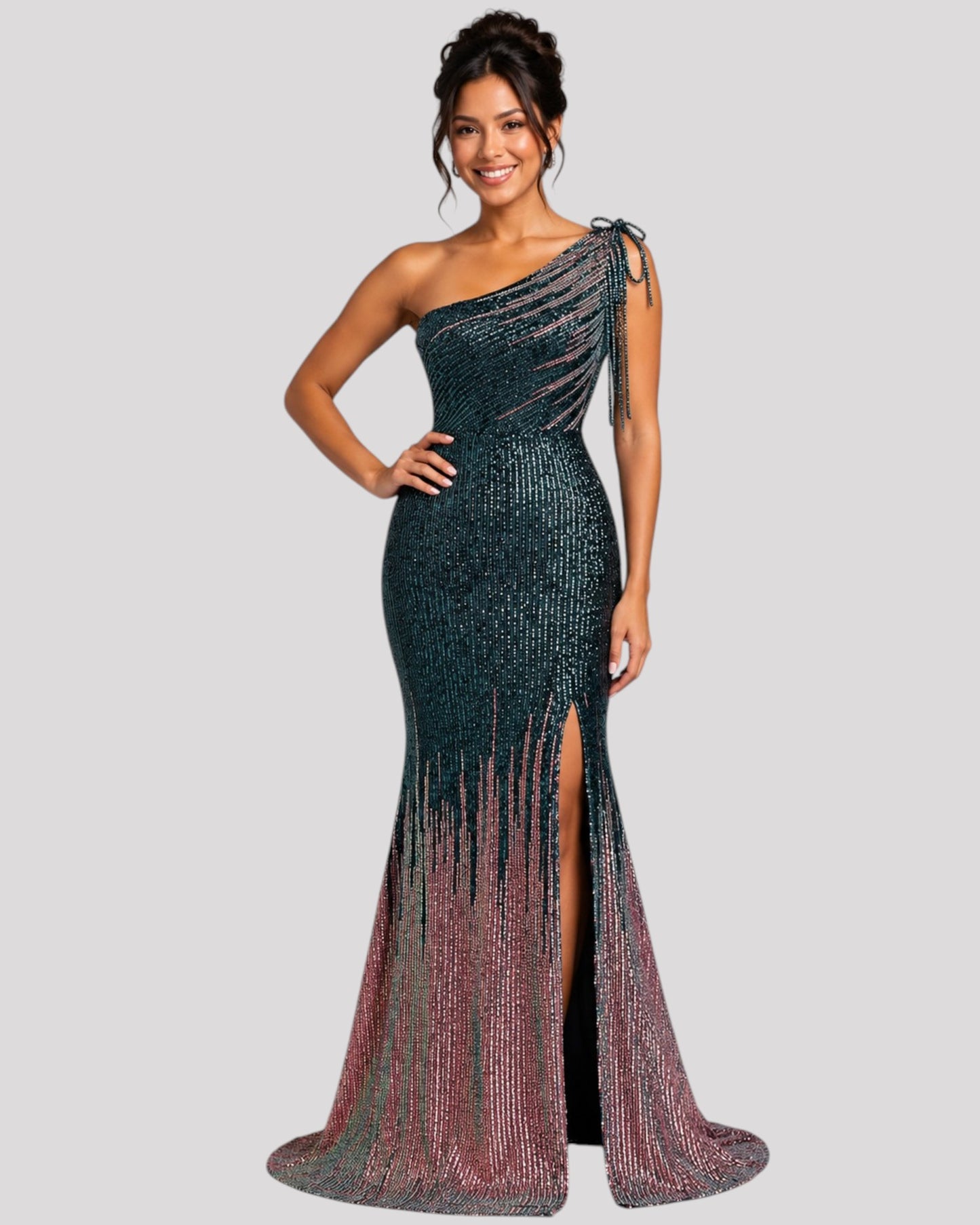One Shoulder Evening Dress in a 2 Tone Sequin Fabric with Shoulder Beading Draping, Available in 6 colours