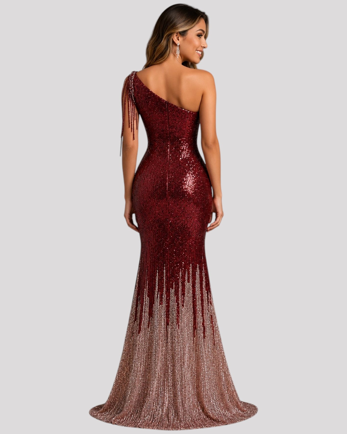 One Shoulder Evening Dress in a 2 Tone Sequin Fabric with Shoulder Beading Draping, Available in 6 colours