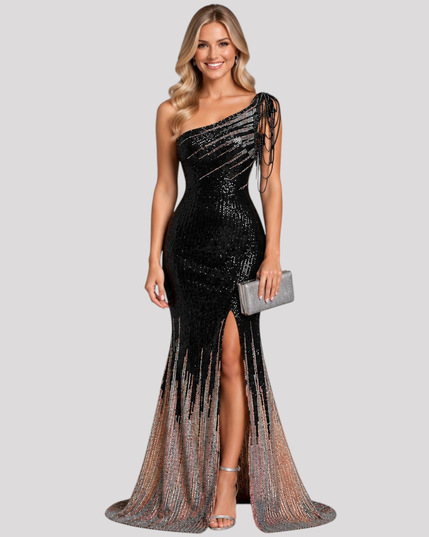 One Shoulder Evening Dress in a 2 Tone Sequin Fabric with Shoulder Beading Draping, Available in 6 colours