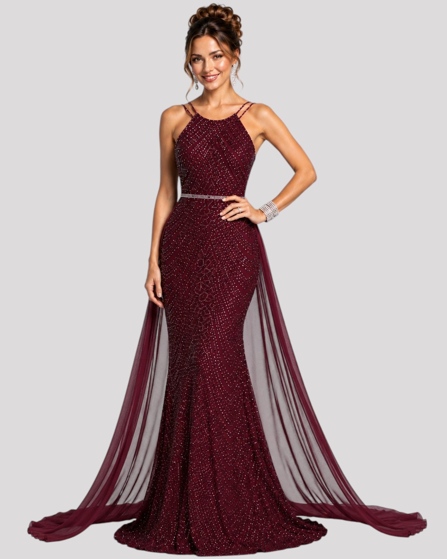 High Neck Sequin Mermaid Dress with detachable Overlay Skirt available in 6 colours