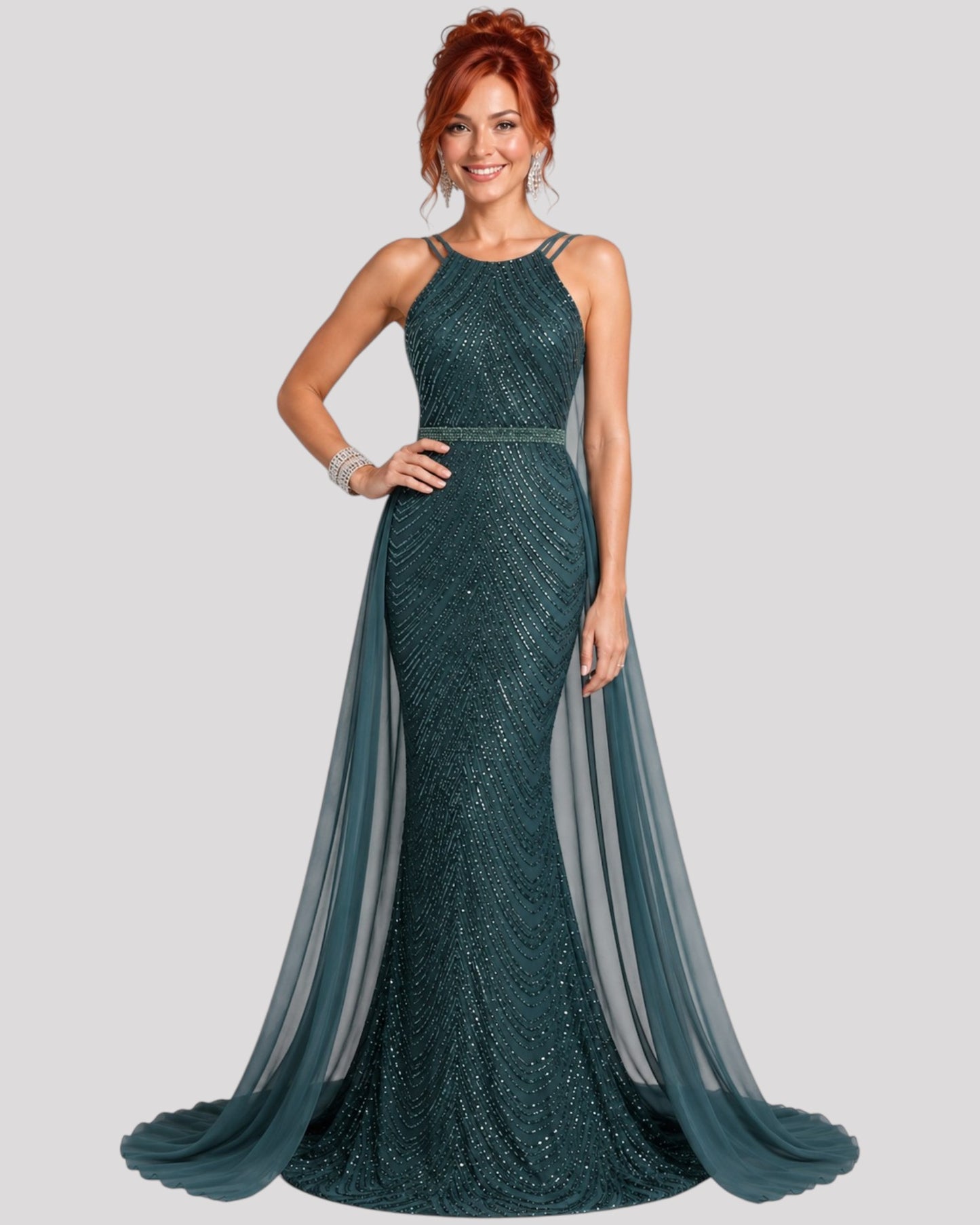 High Neck Sequin Mermaid Dress with detachable Overlay Skirt available in 6 colours