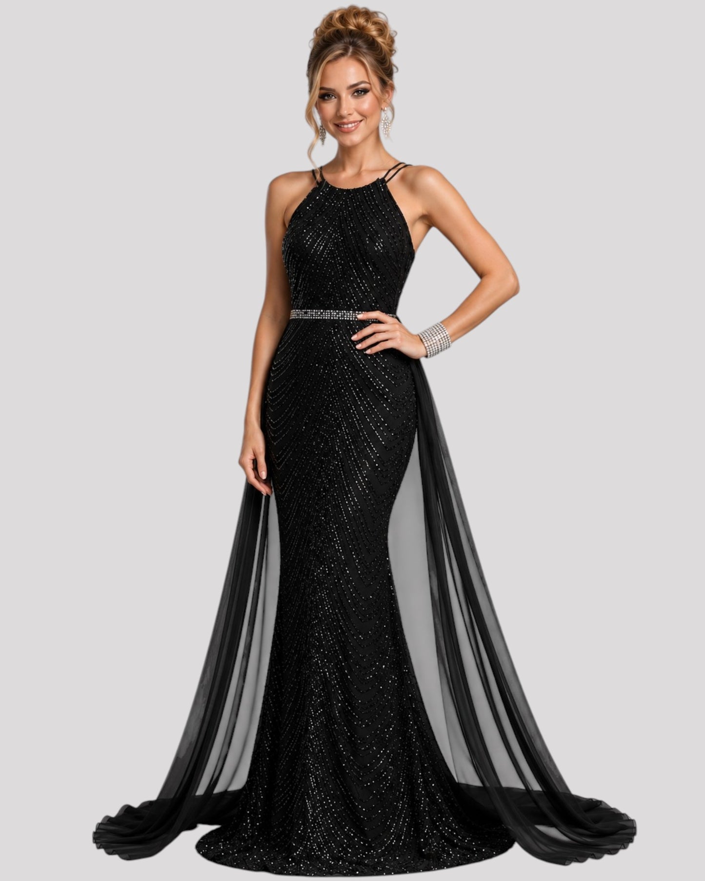 High Neck Sequin Mermaid Dress with detachable Overlay Skirt available in 6 colours