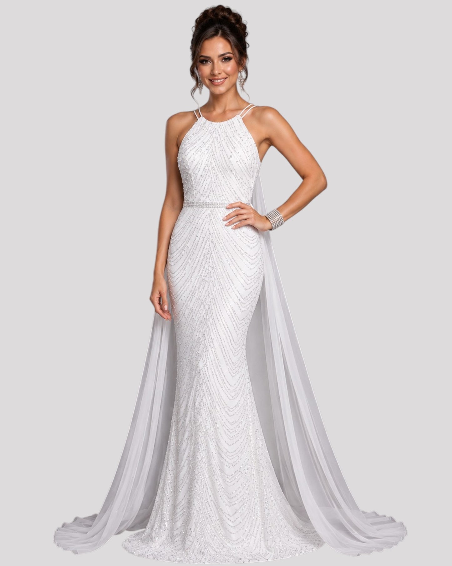High Neck Sequin Mermaid Dress with detachable Overlay Skirt available in 6 colours