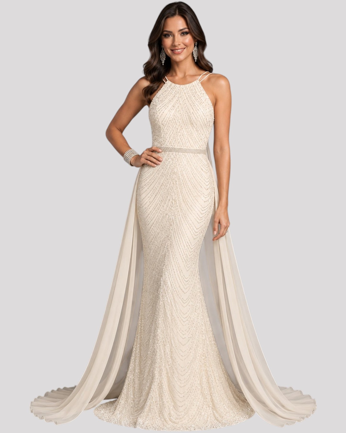 High Neck Sequin Mermaid Dress with detachable Overlay Skirt available in 6 colours