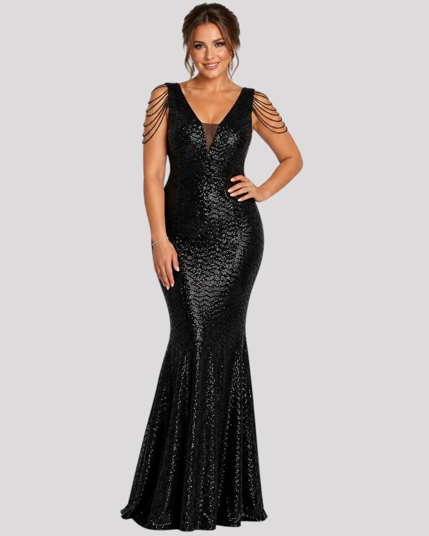 Mermaid Sequin Dress with Beaded Illusion Sleeves
