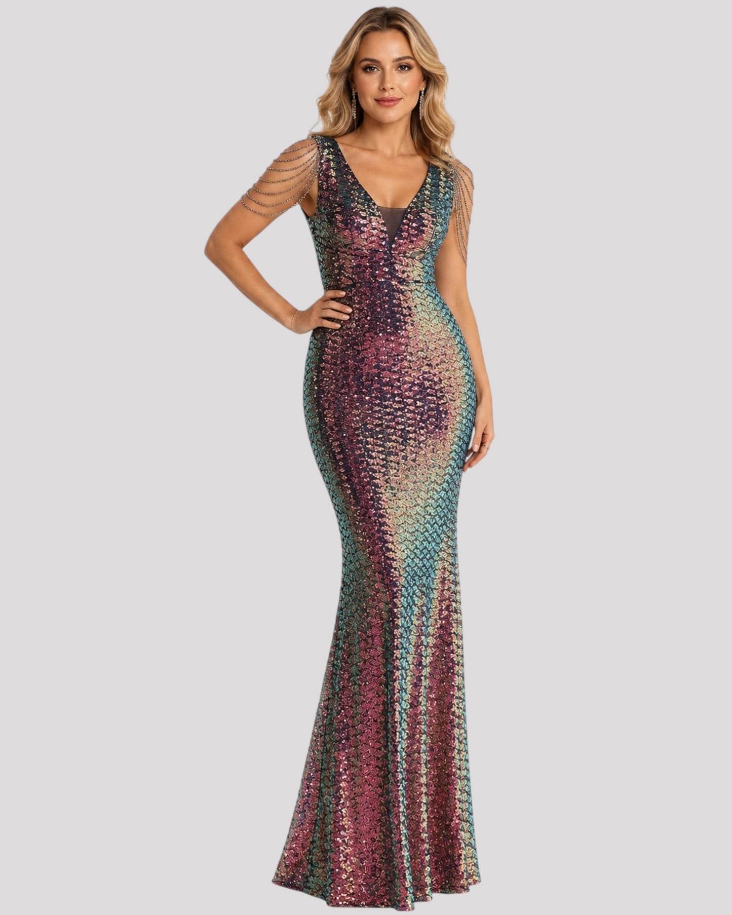 Mermaid Sequin Dress with Beaded Illusion Sleeves