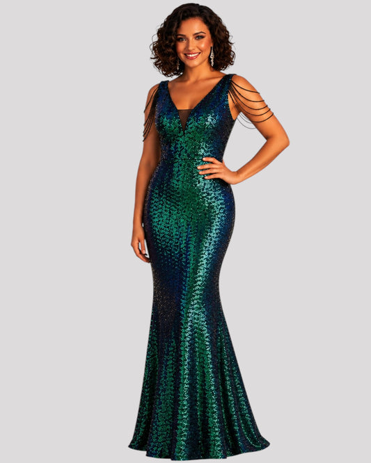 Mermaid Sequin Dress with Beaded Illusion Sleeves
