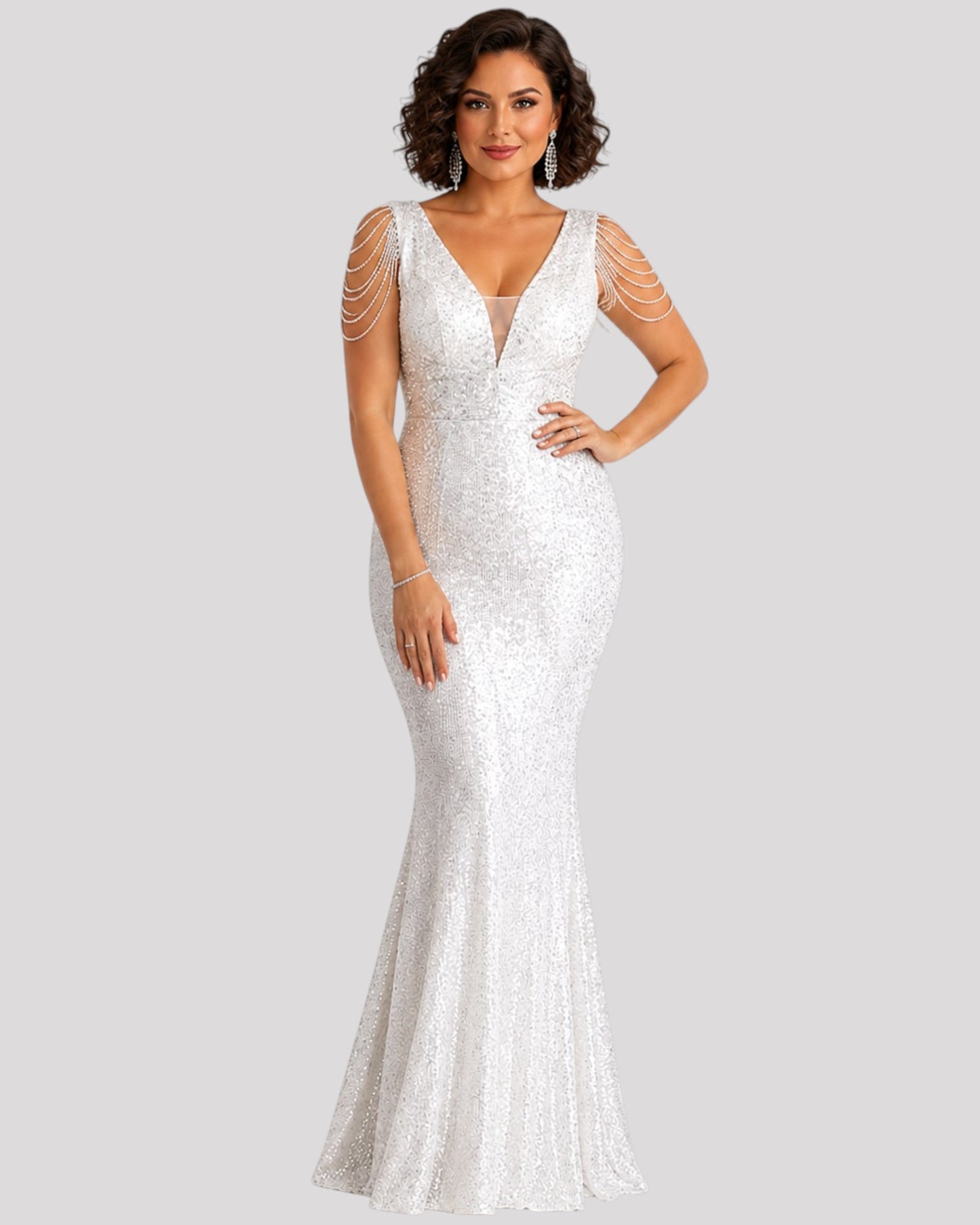 Mermaid Sequin Dress with Beaded Illusion Sleeves