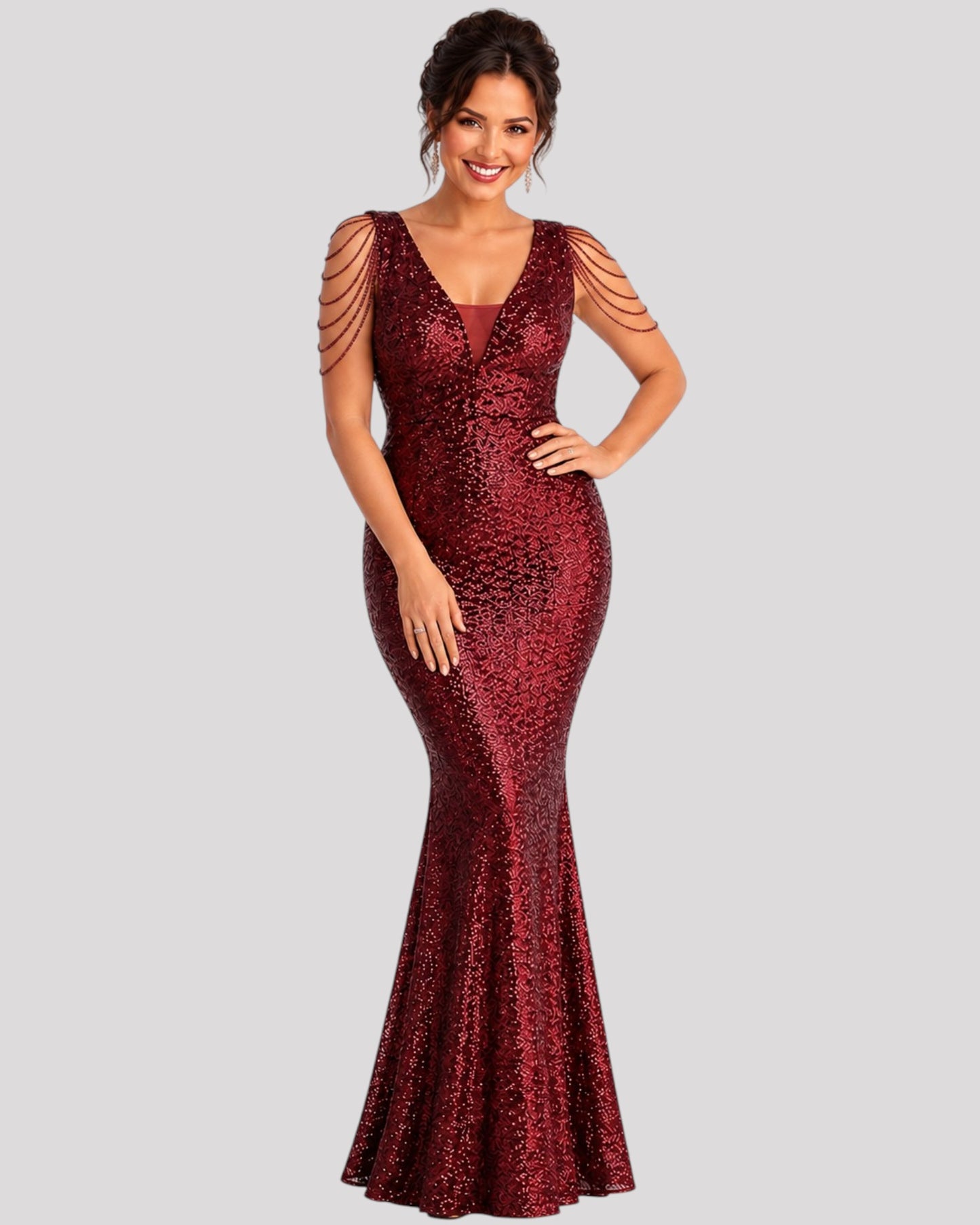 Mermaid Sequin Dress with Beaded Illusion Sleeves