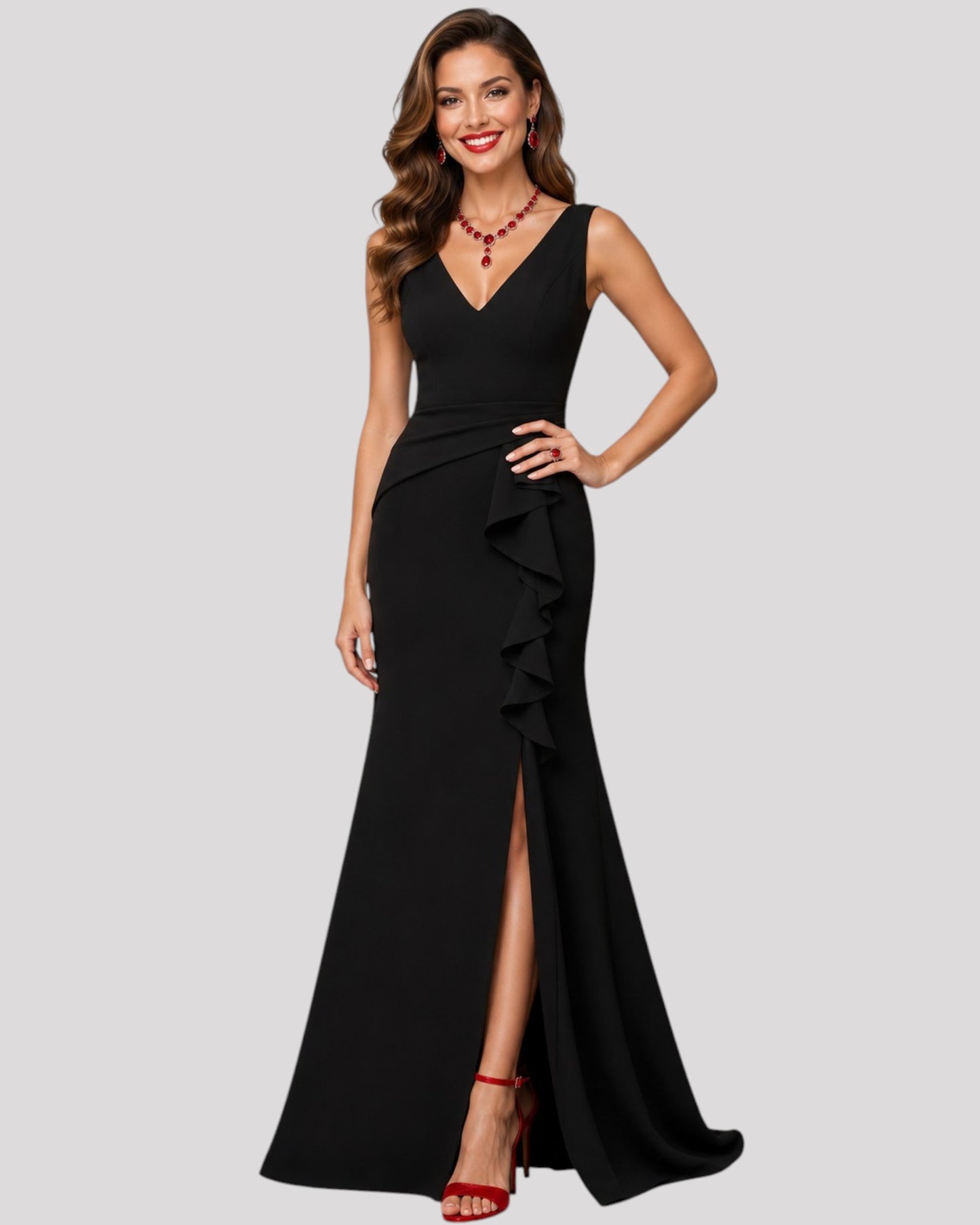 Gorgeous Pleated Bodice Evening Dress with Ruffle over Leg Split with a VNeckline Front and Back