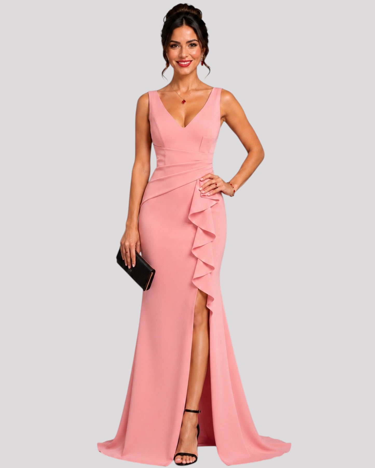 Gorgeous Pleated Bodice Evening Dress with Ruffle over Leg Split with a VNeckline Front and Back