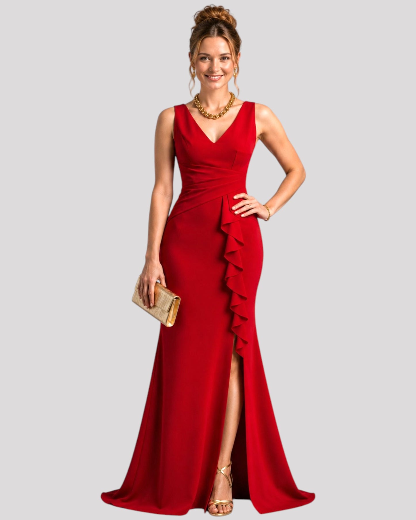 Gorgeous Pleated Bodice Evening Dress with Ruffle over Leg Split with a VNeckline Front and Back
