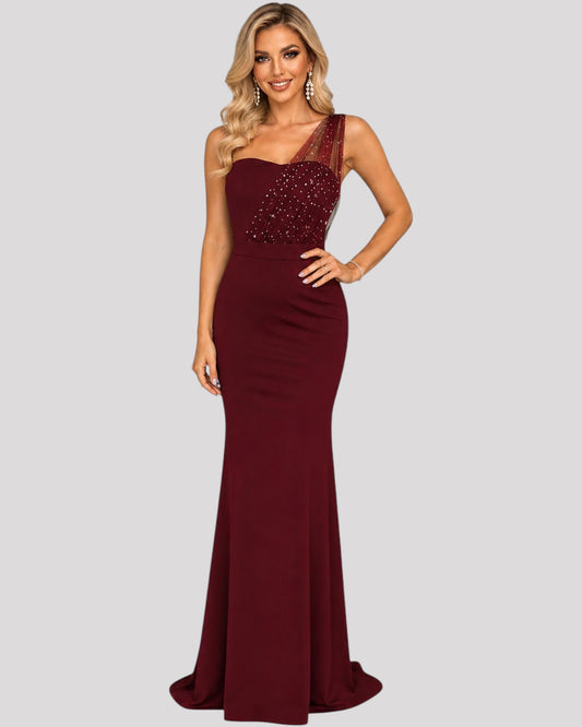 Strapless Dress with diamonte detail and one shoulder feature with a mermaid bottom