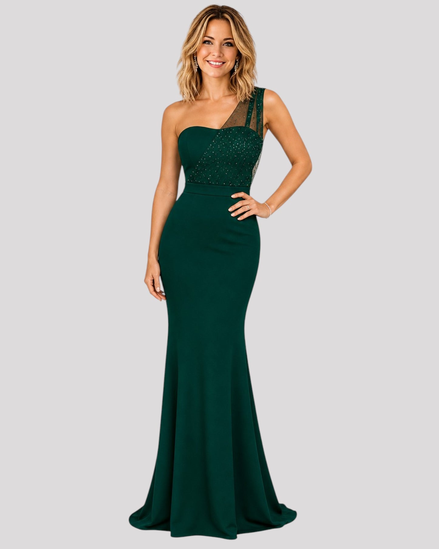 Strapless Dress with diamonte detail and one shoulder feature with a mermaid bottom