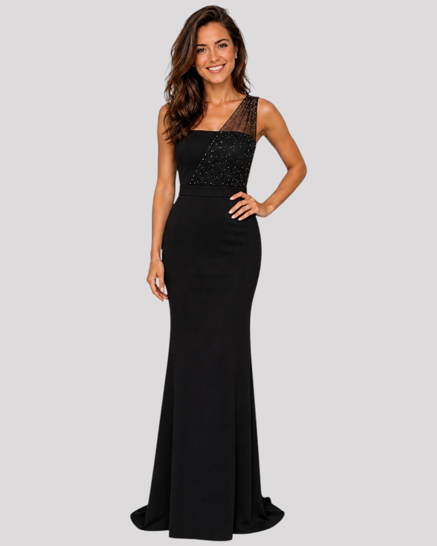 Strapless Dress with diamonte detail and one shoulder feature with a mermaid bottom
